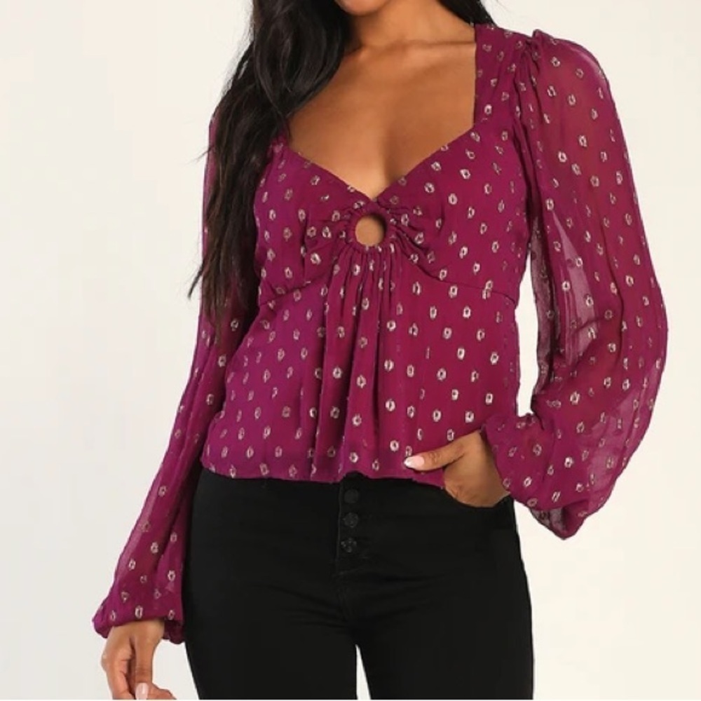 Lulus Women XS Plum Purple Gold Dot Print Give Us Glam Long Sleeve Top NWT